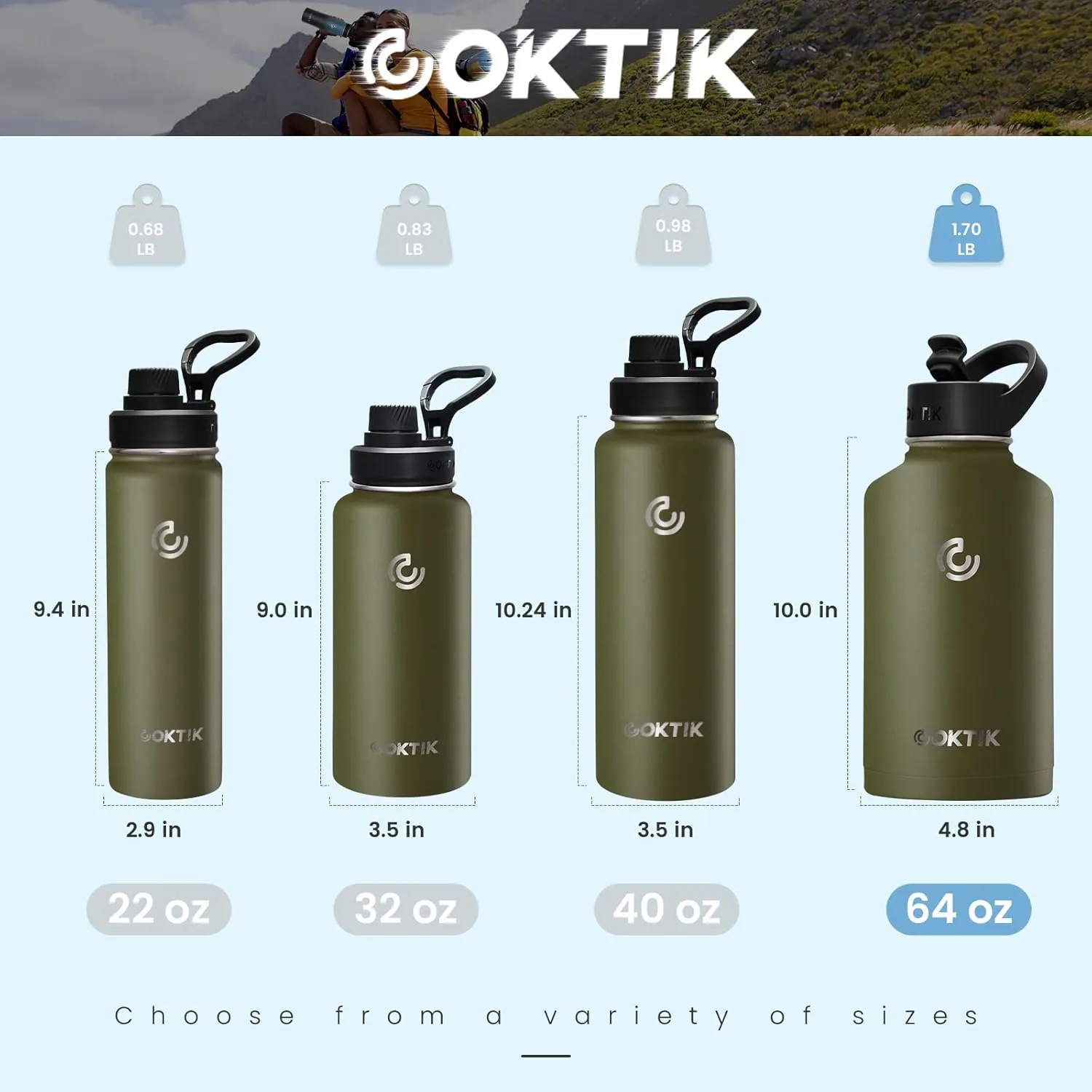 COKTIK 64 oz/Half Gallon Vacuum Insulated Jug, Double Walled Stainless Steel Sports Water Bottle with Reusable 2 Lids for Camping, Gym, Fitness or Office(Army Green)