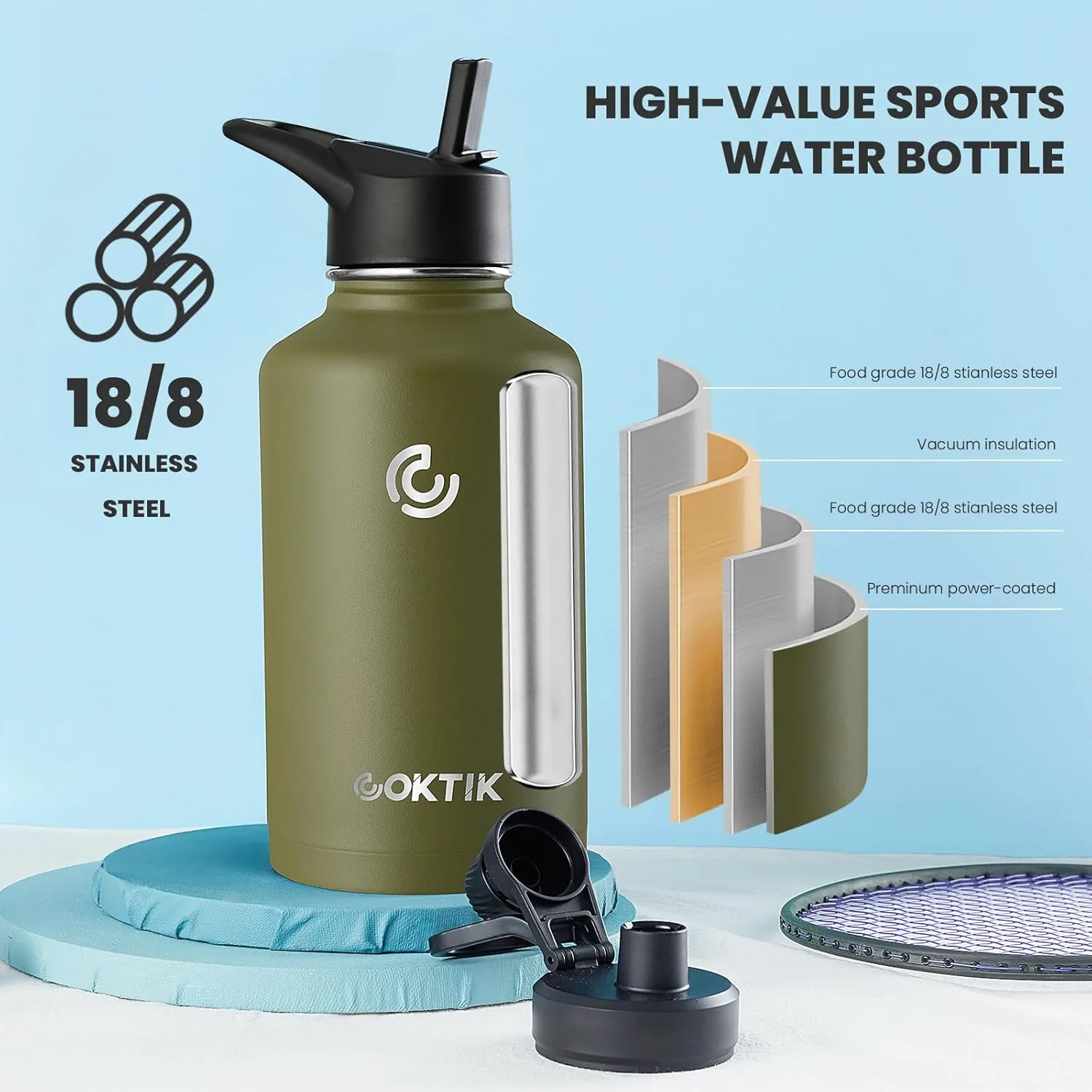 COKTIK 64 oz/Half Gallon Vacuum Insulated Jug, Double Walled Stainless Steel Sports Water Bottle with Reusable 2 Lids for Camping, Gym, Fitness or Office(Army Green)