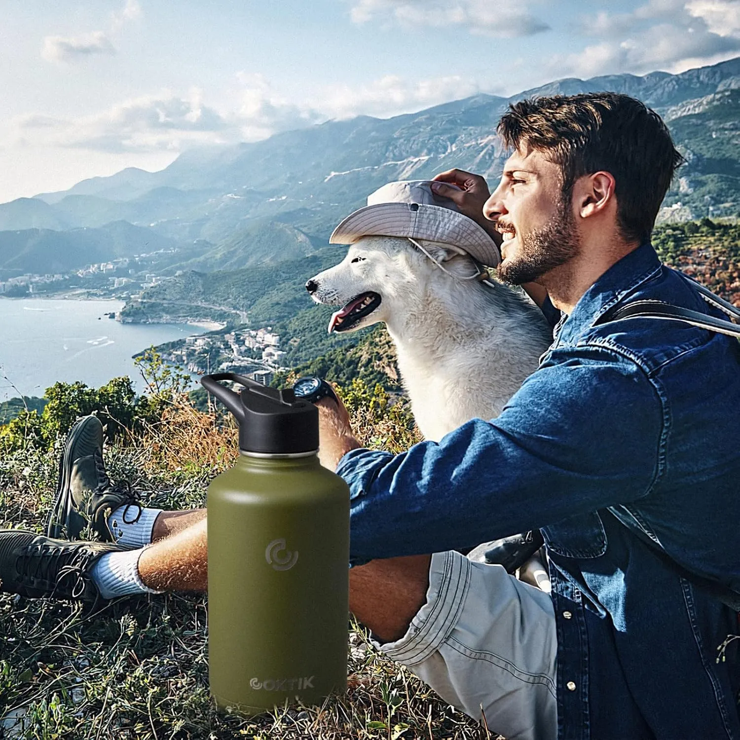 COKTIK 64 oz/Half Gallon Vacuum Insulated Jug, Double Walled Stainless Steel Sports Water Bottle with Reusable 2 Lids for Camping, Gym, Fitness or Office(Army Green)