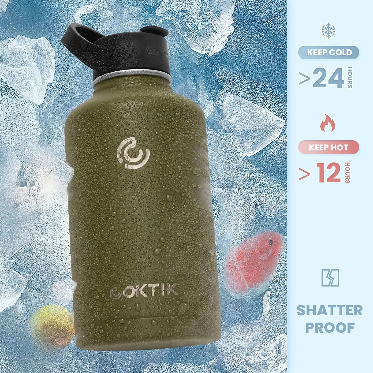 COKTIK 64 oz/Half Gallon Vacuum Insulated Jug, Double Walled Stainless Steel Sports Water Bottle with Reusable 2 Lids for Camping, Gym, Fitness or Office(Army Green)