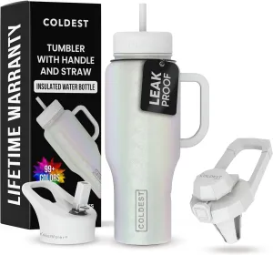 Coldest 40 oz Tumbler with Handle and Straw - 100% Spill Proof Tumbler with Straw (3 Lids) - Stainless Steel Insulated Leakproof Tumblers for Women & Men - 36 oz (Cosmic Ice Glitter)
