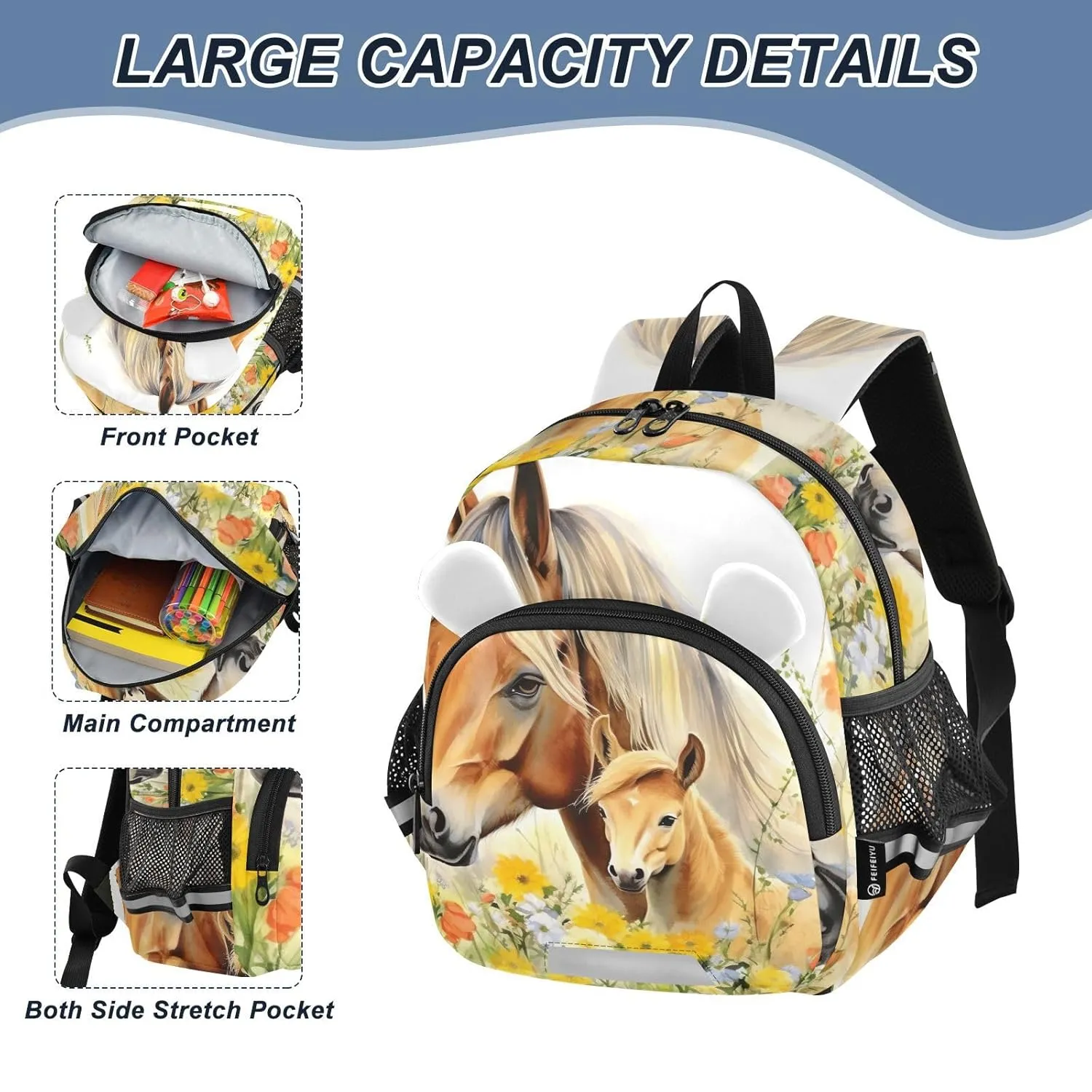 Colorful Fowers Horses Toddler Harness Backpack for Boys Girls 3-6 Years Kids Backpack with Anti Lost Safety Leash Baby Harness Bookbag for Walking Preschool Travel