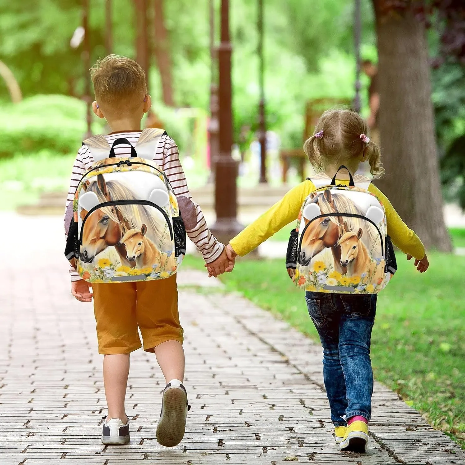 Colorful Fowers Horses Toddler Harness Backpack for Boys Girls 3-6 Years Kids Backpack with Anti Lost Safety Leash Baby Harness Bookbag for Walking Preschool Travel