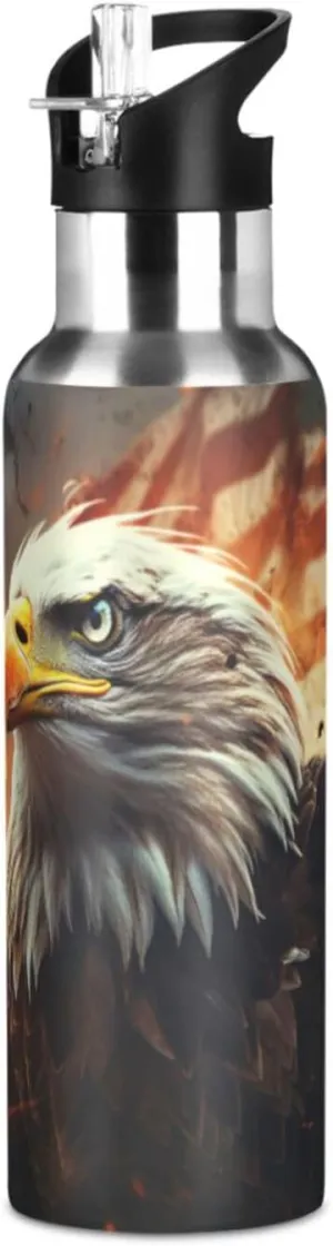 Cool American Eagle Sport Water Bottle Insulated Stainless Steel Large Vacuum Flask Leak Proof Thermos with Straw for Travel(600ml/1000ml)