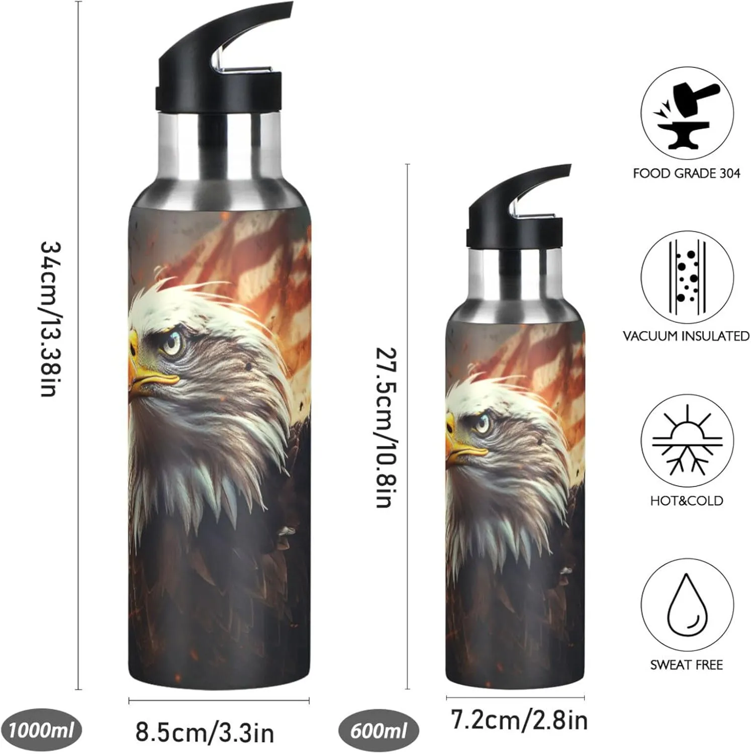 Cool American Eagle Sport Water Bottle Insulated Stainless Steel Large Vacuum Flask Leak Proof Thermos with Straw for Travel(600ml/1000ml)