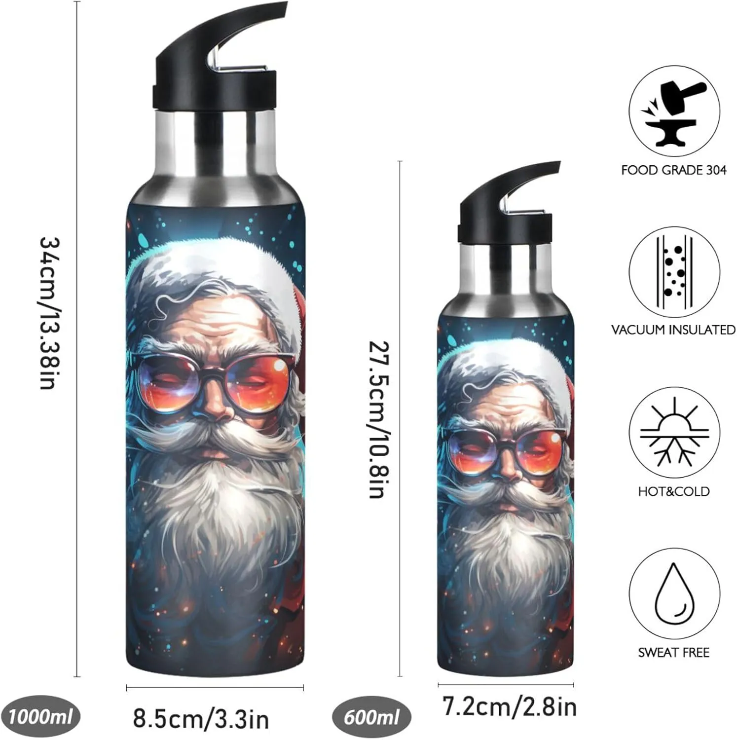 Cool Christmas Santa Sport Water Bottle Insulated Stainless Steel Large Vacuum Flask Leak Proof Thermos with Straw for Travel(600ml/1000ml)