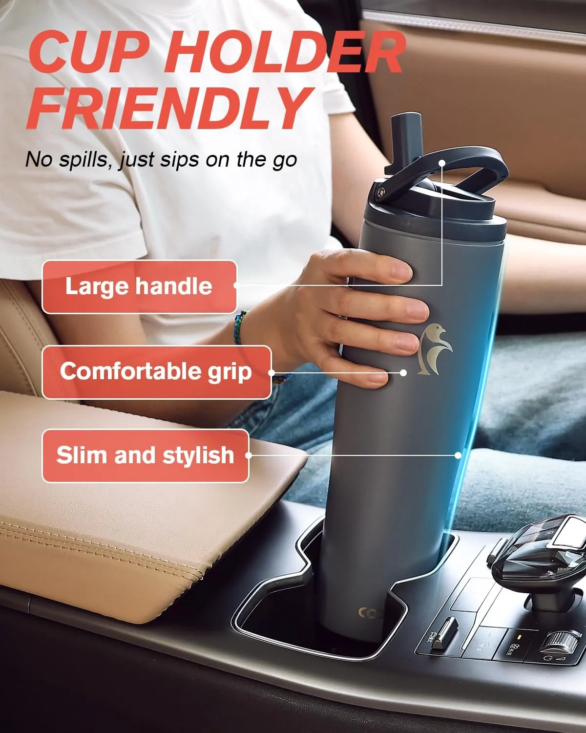 Coolflask Slima - 40oz Insulated Water Bottle | Stainless Steel Tumblers with Straw & Handle | Fits Car Cup Holder | Leakproof Jug for Sports, Gym, Travel, Outdoors | Dishwasher Safe, Grey