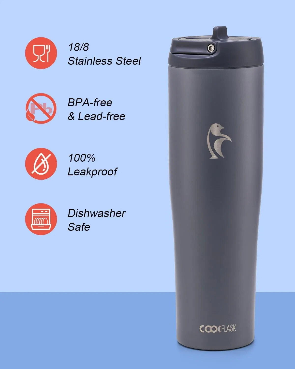 Coolflask Slima - 40oz Insulated Water Bottle | Stainless Steel Tumblers with Straw & Handle | Fits Car Cup Holder | Leakproof Jug for Sports, Gym, Travel, Outdoors | Dishwasher Safe, Grey
