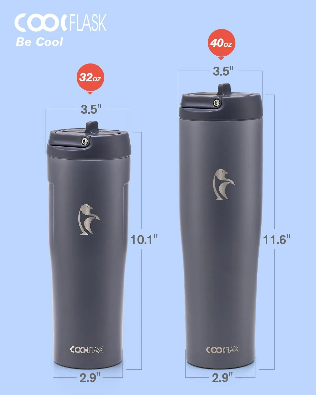 Coolflask Slima - 40oz Insulated Water Bottle | Stainless Steel Tumblers with Straw & Handle | Fits Car Cup Holder | Leakproof Jug for Sports, Gym, Travel, Outdoors | Dishwasher Safe, Grey
