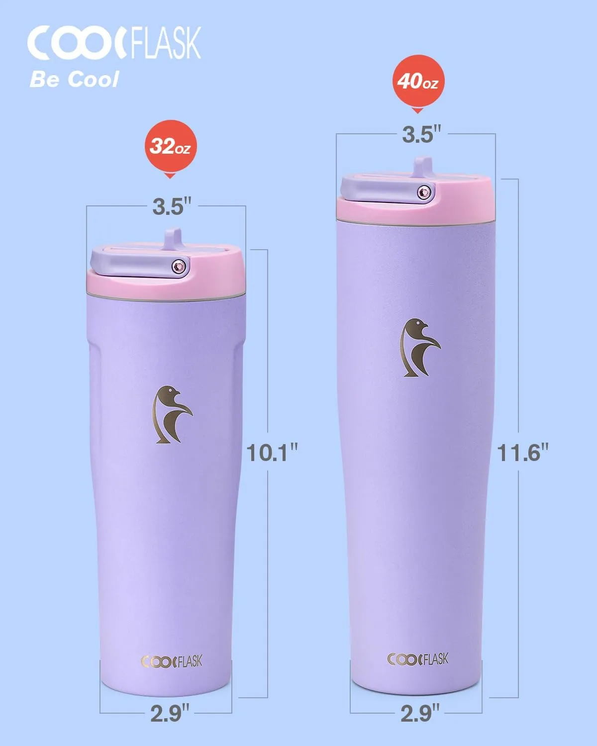 Coolflask Slima - 40oz Insulated Water Bottle | Stainless Steel Tumblers with Straw & Handle | Fits Car Cup Holder | Leakproof Jug for Sports, Gym, Travel, Outdoors | Dishwasher Safe, Lavender