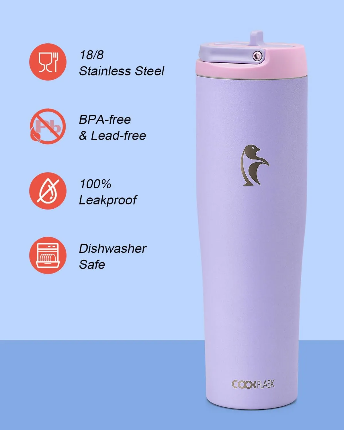 Coolflask Slima - 40oz Insulated Water Bottle | Stainless Steel Tumblers with Straw & Handle | Fits Car Cup Holder | Leakproof Jug for Sports, Gym, Travel, Outdoors | Dishwasher Safe, Lavender