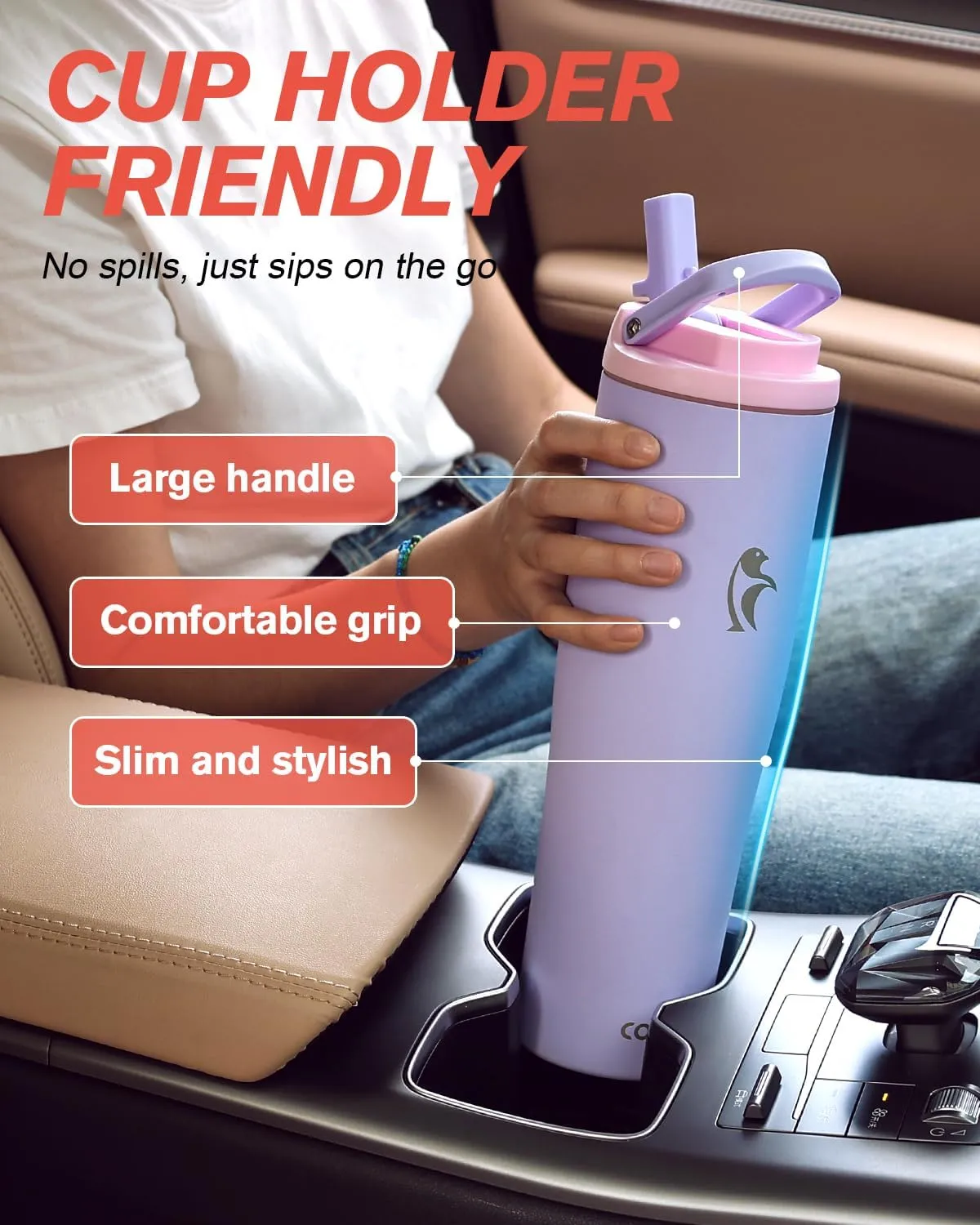 Coolflask Slima - 40oz Insulated Water Bottle | Stainless Steel Tumblers with Straw & Handle | Fits Car Cup Holder | Leakproof Jug for Sports, Gym, Travel, Outdoors | Dishwasher Safe, Lavender