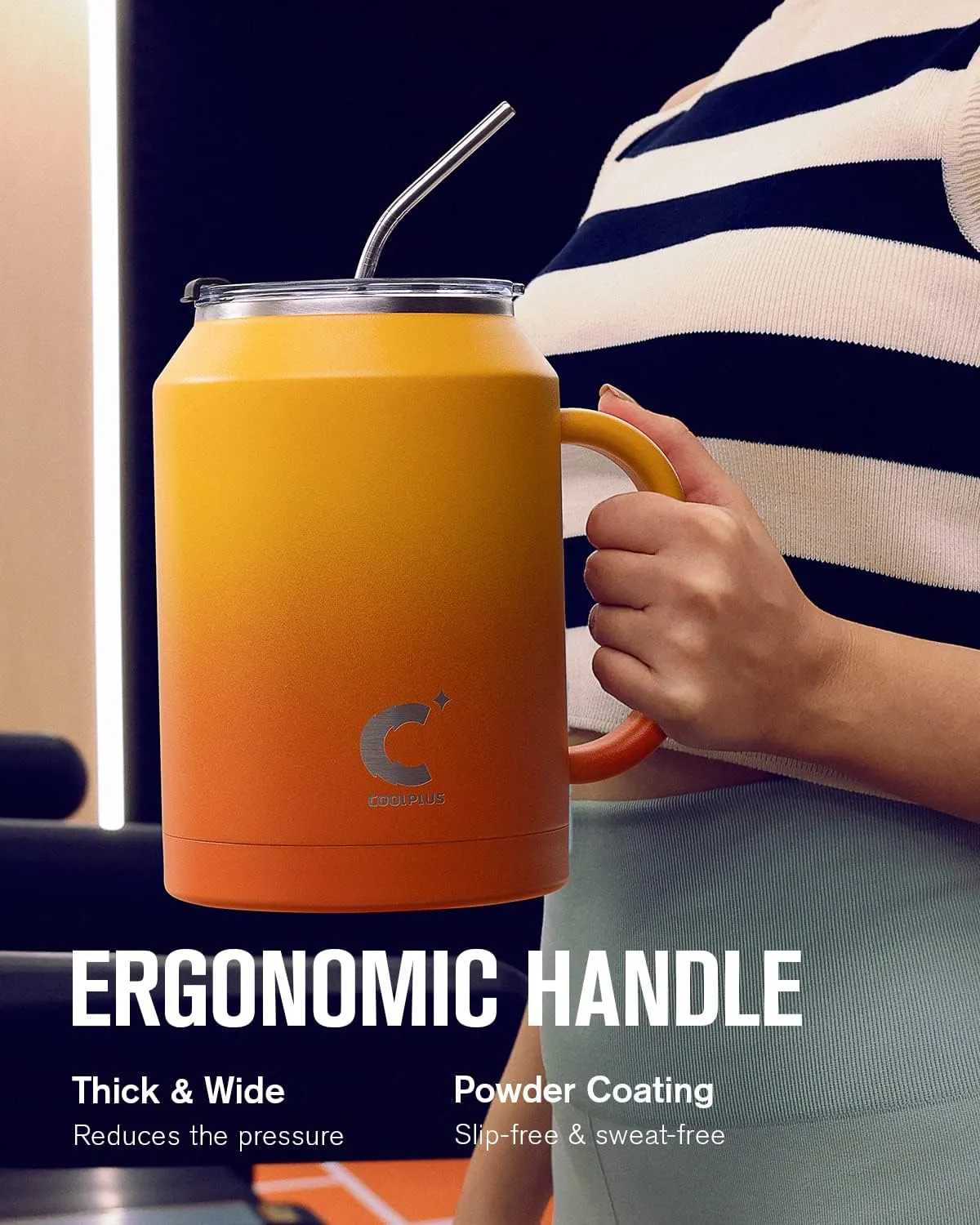 Coolplus 50 oz Mug Tumbler with Handle and Straw, Large Stainless Steel Travel Insulated Water Cup with 2-in-1 Lid, Double Wall Metal Keep Cold 36 hrs, Sweet Proof BPA-Free, Sunset Yellow