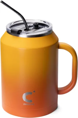 Coolplus 50 oz Mug Tumbler with Handle and Straw, Large Stainless Steel Travel Insulated Water Cup with 2-in-1 Lid, Double Wall Metal Keep Cold 36 hrs, Sweet Proof BPA-Free, Sunset Yellow
