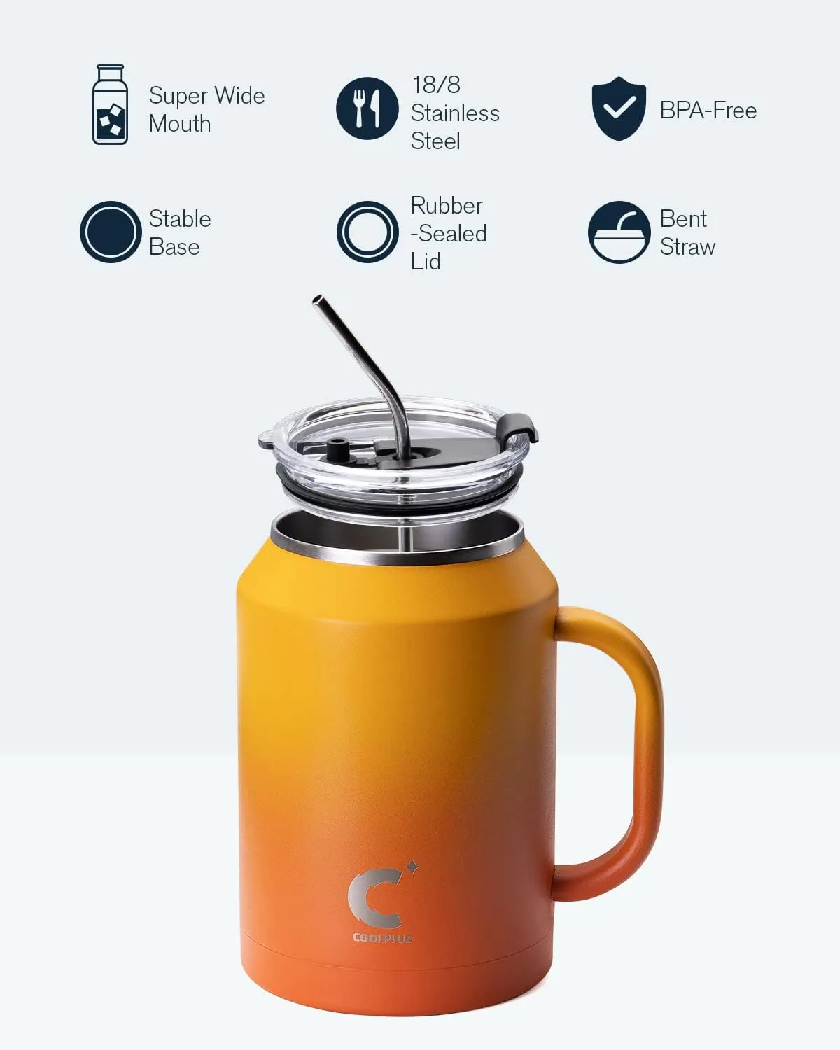 Coolplus 50 oz Mug Tumbler with Handle and Straw, Large Stainless Steel Travel Insulated Water Cup with 2-in-1 Lid, Double Wall Metal Keep Cold 36 hrs, Sweet Proof BPA-Free, Sunset Yellow