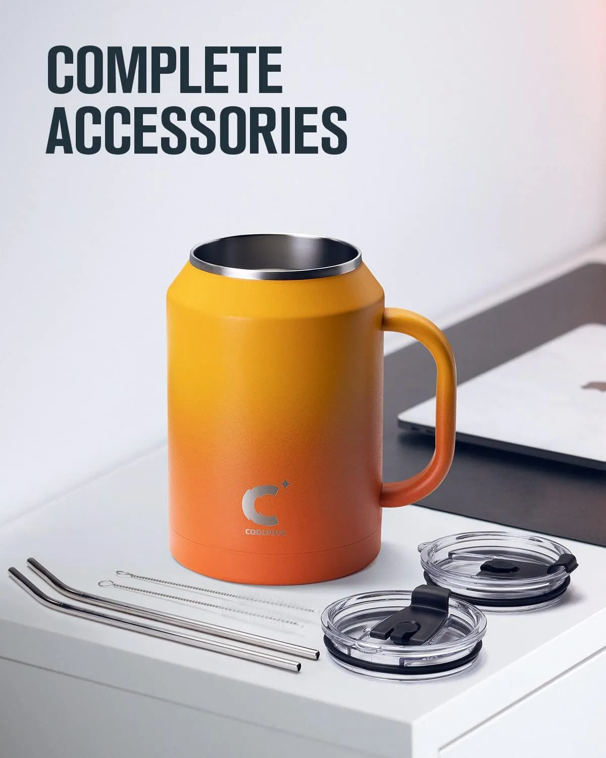 Coolplus 50 oz Mug Tumbler with Handle and Straw, Large Stainless Steel Travel Insulated Water Cup with 2-in-1 Lid, Double Wall Metal Keep Cold 36 hrs, Sweet Proof BPA-Free, Sunset Yellow