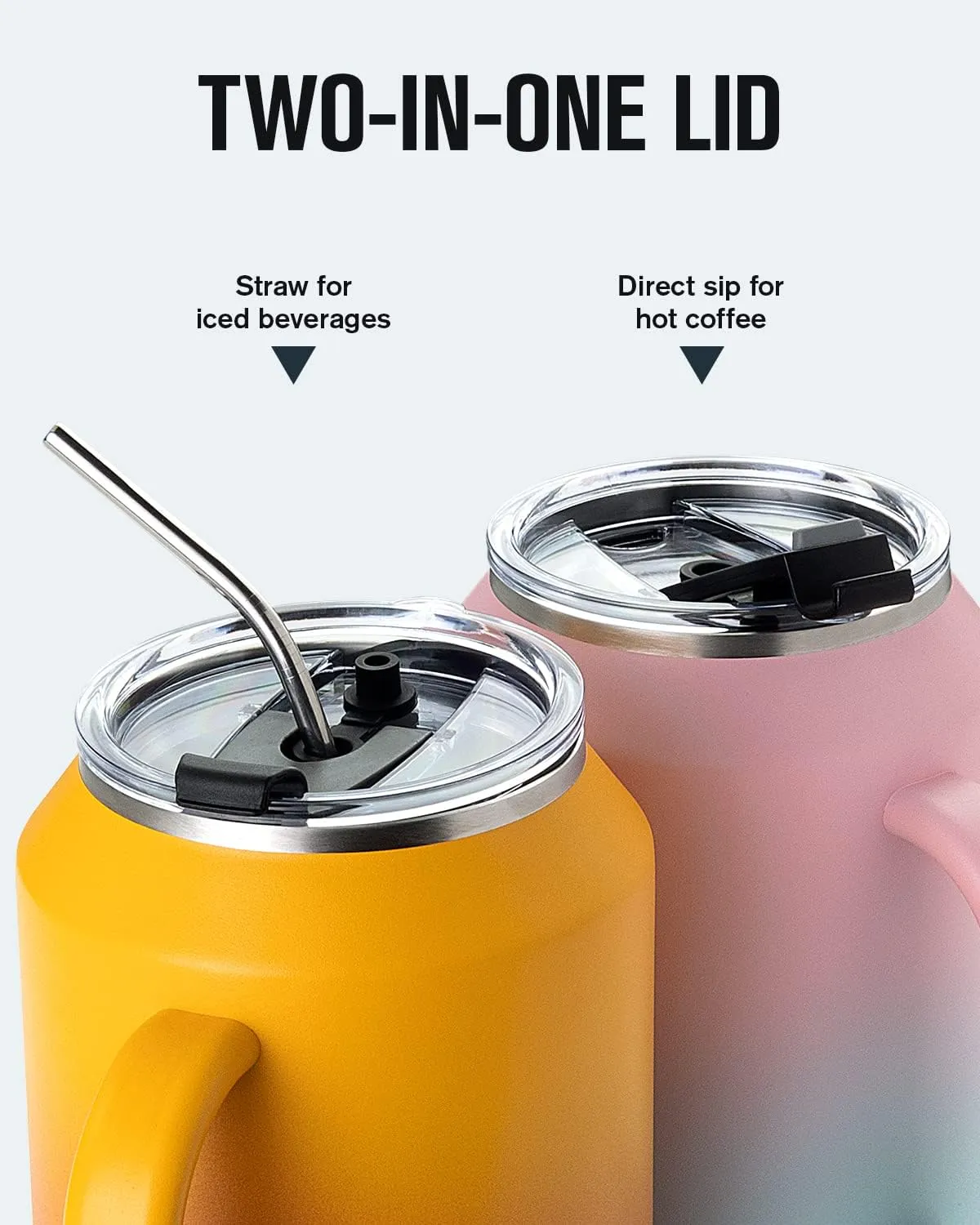 Coolplus 50 oz Mug Tumbler with Handle and Straw, Large Stainless Steel Travel Insulated Water Cup with 2-in-1 Lid, Double Wall Metal Keep Cold 36 hrs, Sweet Proof BPA-Free, Sunset Yellow