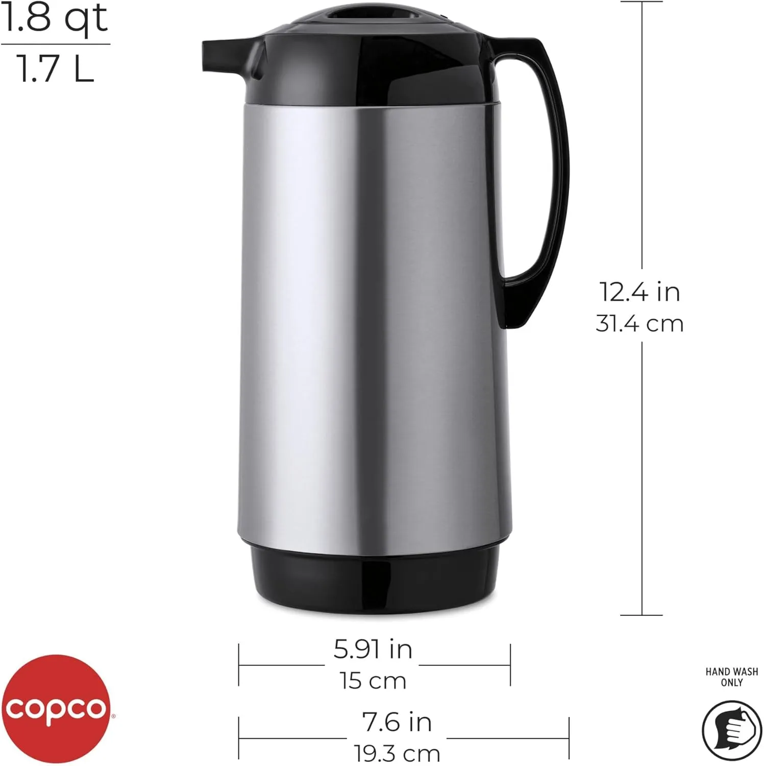 Copco Stainless Steel Insulated Carafe, Large Capacity For Serving, 1.8 Quart, Silver