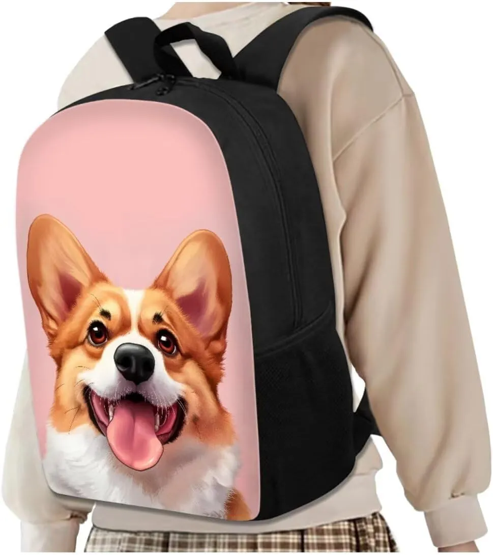Corgi Backpack for School Kids School Bags with Lunch Box Water Bottle Carrier and Soft Pencil Case 4PCS Set Bookbag with Compartments 17 inch Lightweight Back Pack for Gifts