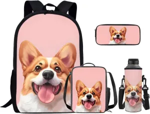 Corgi Backpack for School Kids School Bags with Lunch Box Water Bottle Carrier and Soft Pencil Case 4PCS Set Bookbag with Compartments 17 inch Lightweight Back Pack for Gifts
