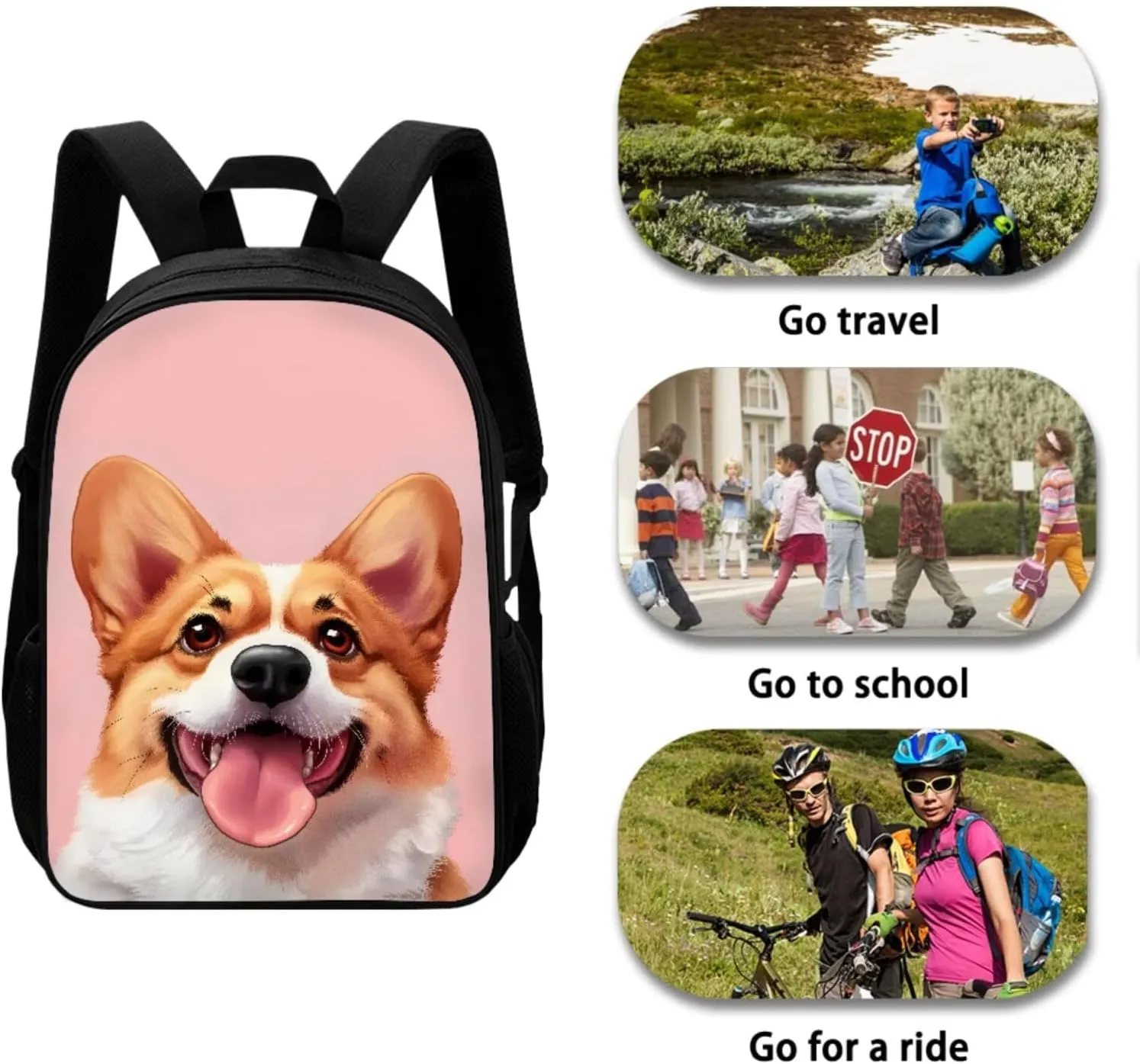 Corgi Backpack for School Kids School Bags with Lunch Box Water Bottle Carrier and Soft Pencil Case 4PCS Set Bookbag with Compartments 17 inch Lightweight Back Pack for Gifts
