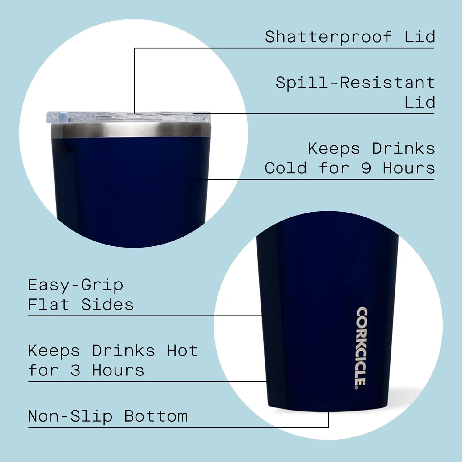 Corkcicle Classic Triple Insulated Coffee Mug with Lid, Gloss Midnight Navy, 16 oz – Stainless Steel Travel Tumbler Keeps Beverages Cold 9 hrs, Hot 3hrs – Cupholder Friendly Travel Coffee Tumbler