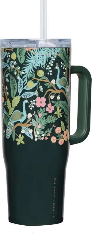 Corkcicle x Rifle Paper Co. Cruiser Insulated Tumbler with Handle & Straw, Peacock Blue, 40 oz – Cupholder Friendly Water Bottle Keeps Drinks Cold 20hrs, Hot 9hrs