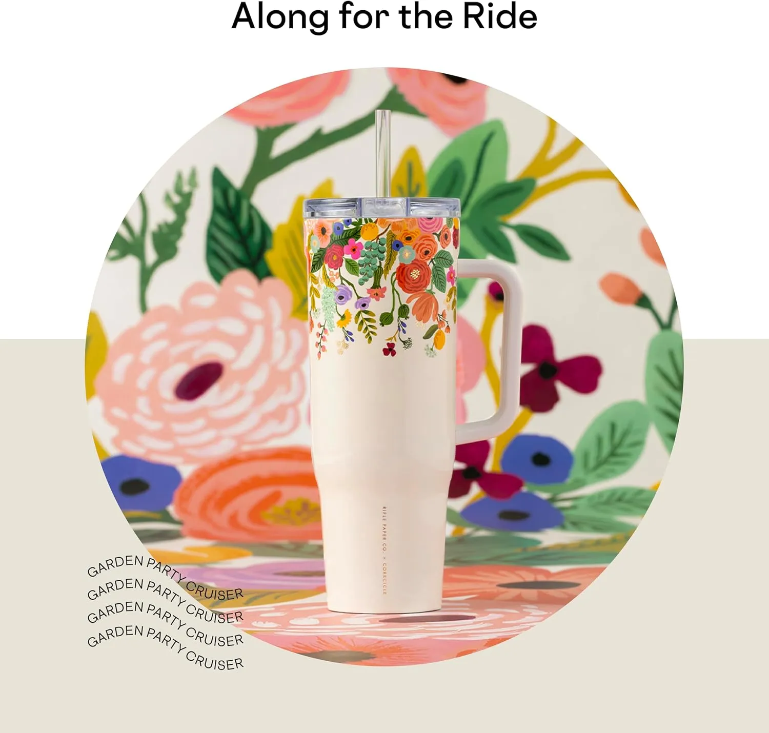 Corkcicle x Rifle Paper Co. Cruiser Insulated Tumbler with Handle and Straw, Garden Party Cream, 40 oz – Reusable Water Bottle Keeps Beverages Cold 20hrs, Hot 9hrs – Cupholder Friendly, Spill Proof