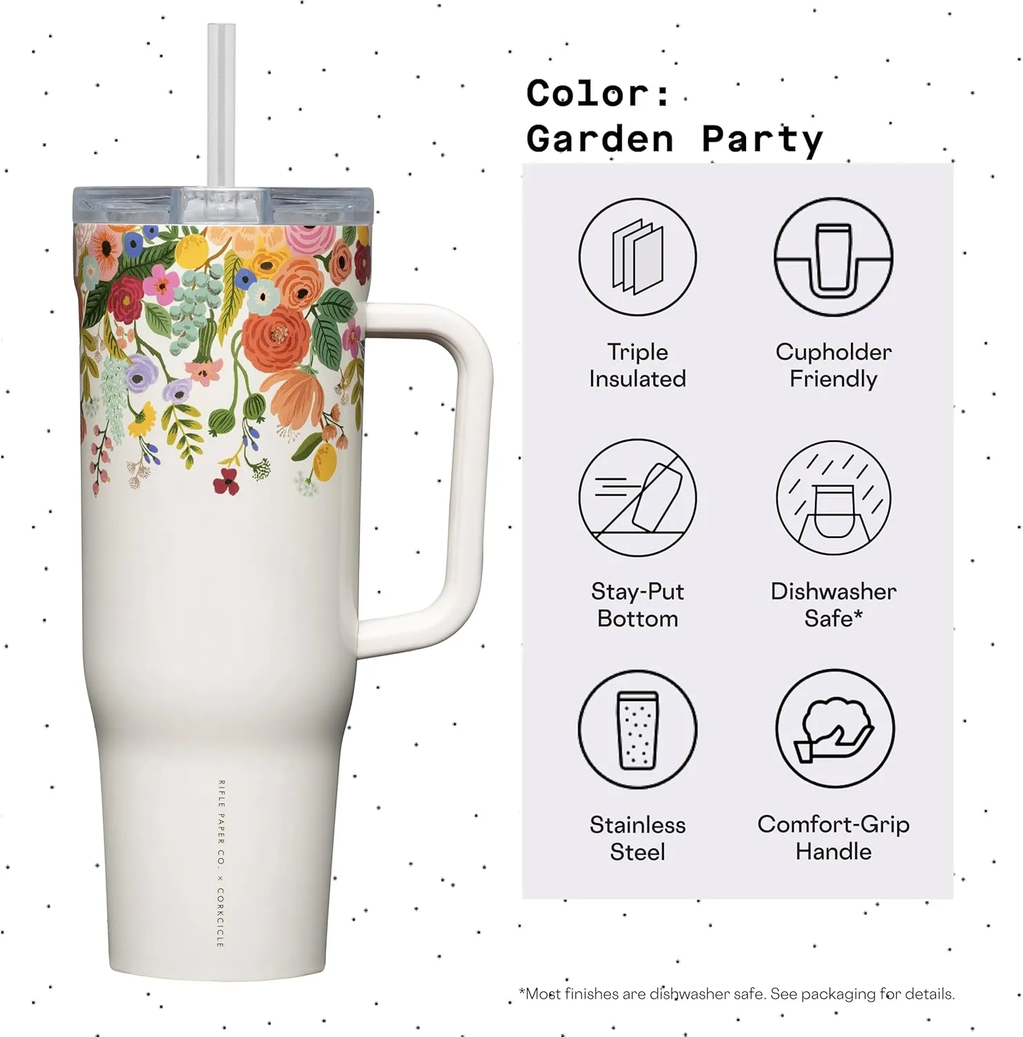 Corkcicle x Rifle Paper Co. Cruiser Insulated Tumbler with Handle and Straw, Garden Party Cream, 40 oz – Reusable Water Bottle Keeps Beverages Cold 20hrs, Hot 9hrs – Cupholder Friendly, Spill Proof