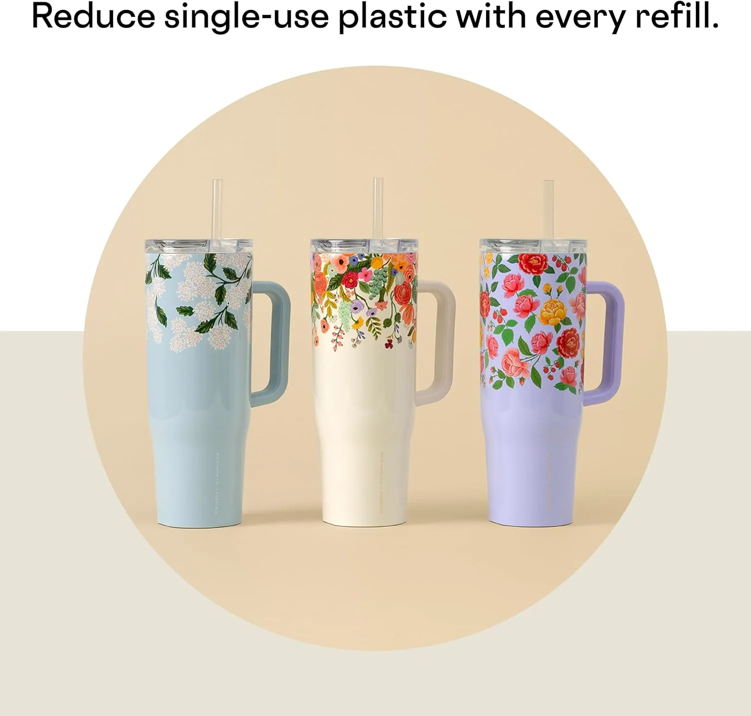 Corkcicle x Rifle Paper Co. Cruiser Insulated Tumbler with Handle and Straw, Garden Party Cream, 40 oz – Reusable Water Bottle Keeps Beverages Cold 20hrs, Hot 9hrs – Cupholder Friendly, Spill Proof
