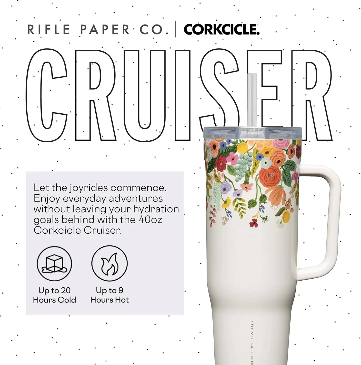 Corkcicle x Rifle Paper Co. Cruiser Insulated Tumbler with Handle and Straw, Garden Party Cream, 40 oz – Reusable Water Bottle Keeps Beverages Cold 20hrs, Hot 9hrs – Cupholder Friendly, Spill Proof