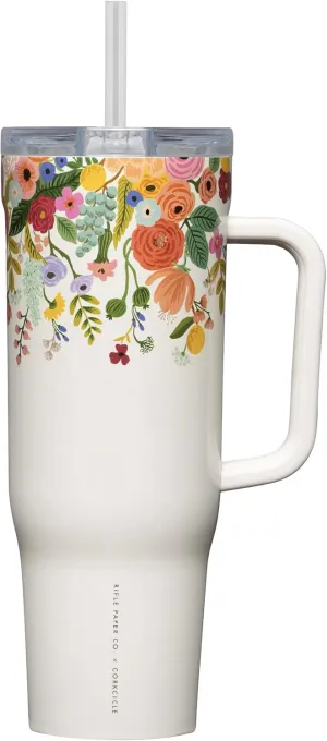 Corkcicle x Rifle Paper Co. Cruiser Insulated Tumbler with Handle and Straw, Garden Party Cream, 40 oz – Reusable Water Bottle Keeps Beverages Cold 20hrs, Hot 9hrs – Cupholder Friendly, Spill Proof
