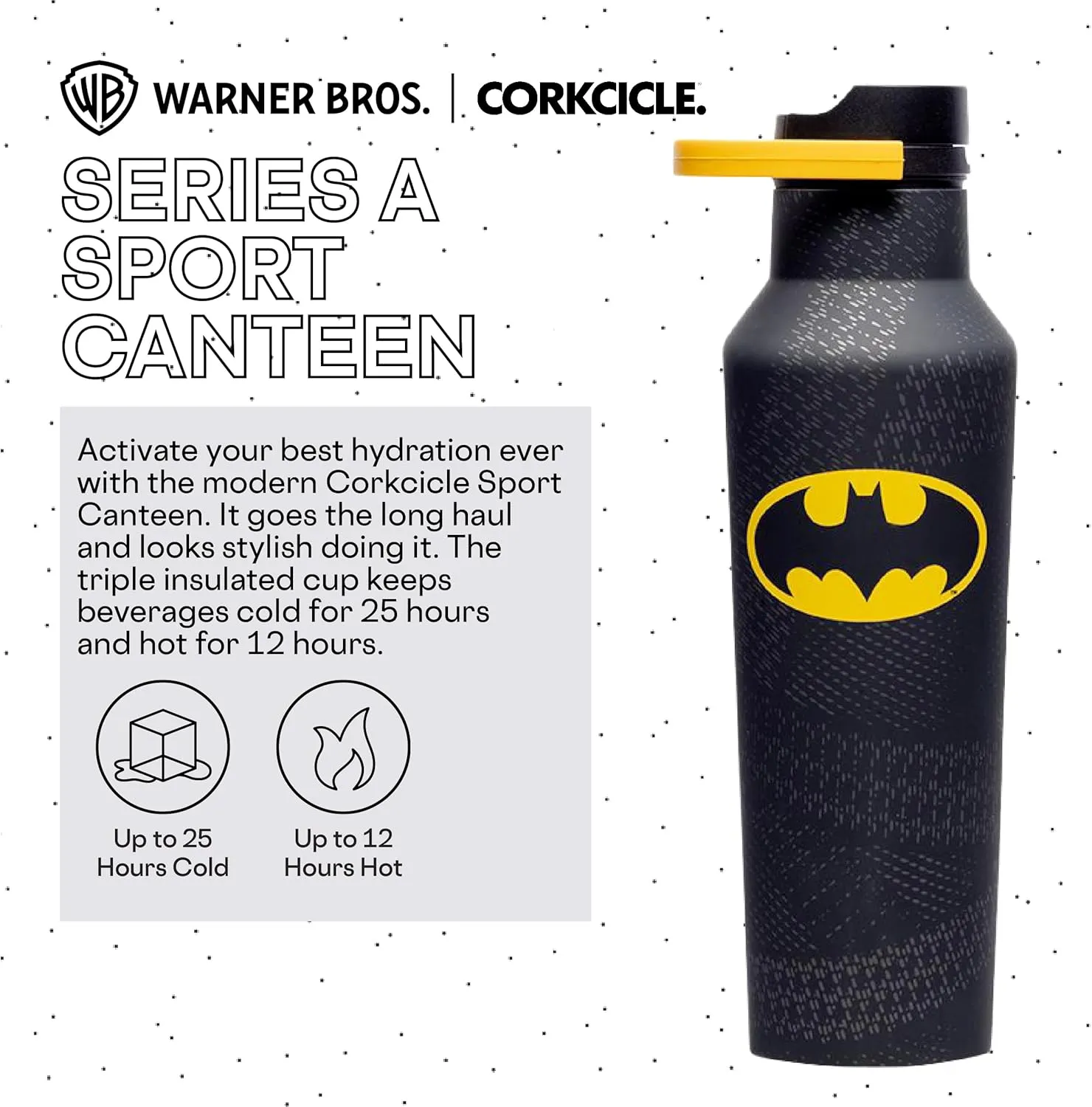 Corkcicle x Warner Brothers Batman Sport Canteen Insulated Tumbler, 20 oz – Reusable Water Bottle Keeps Beverages Cold for 25 Hours & Hot 12 Hours – Cupholder Friendly Tumbler with Screw-On Cap