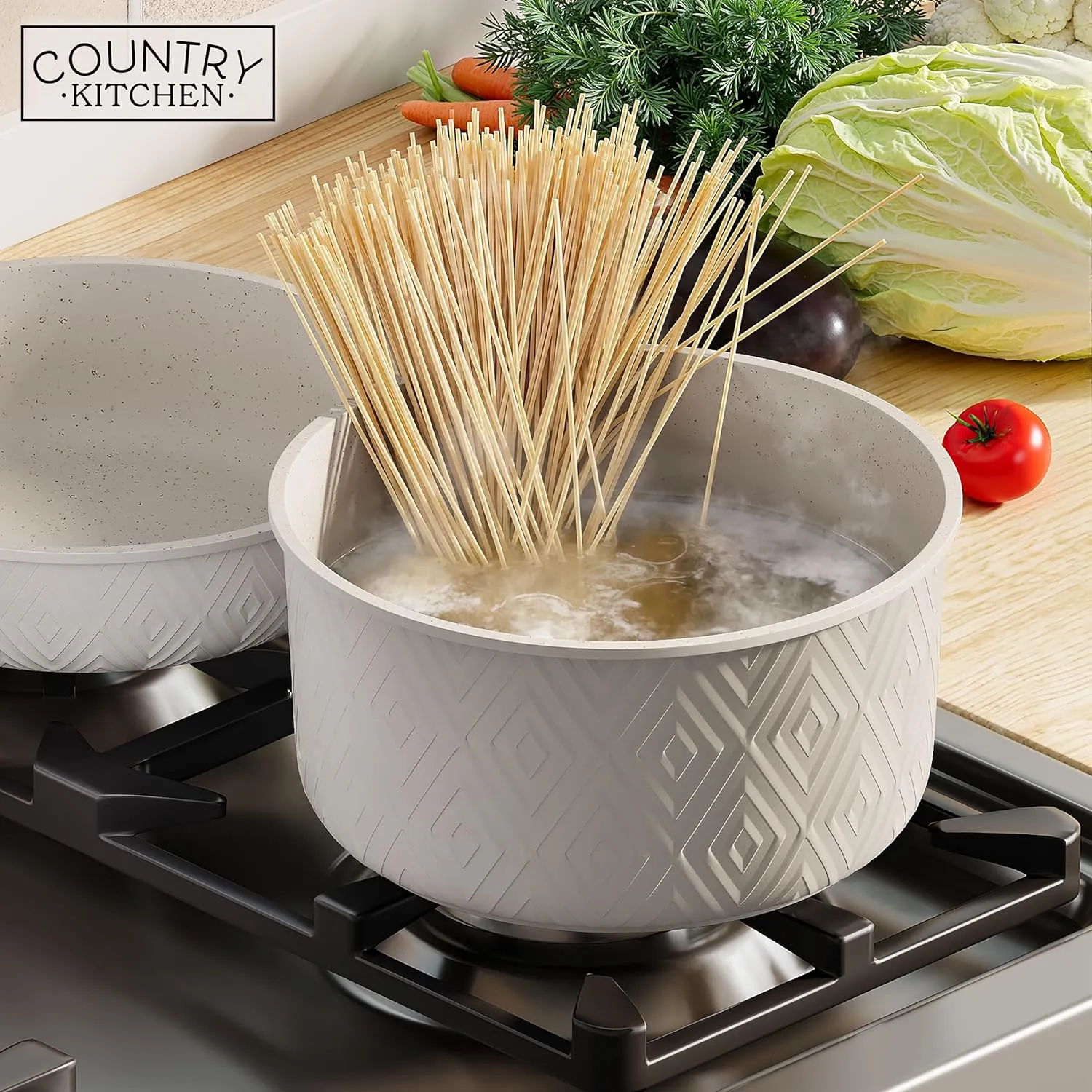 Country Kitchen Cookware Set with Removable Handle, Oven & RV Safe Pots and Pans Set, Cream Rhombus, Original