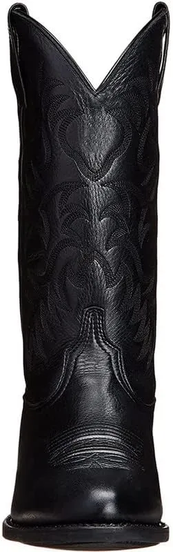 Cowboy Boots For Men Western Retro Embroidered Square Toe Chunky Block Heel Stitched Mid Calf Traditional Oxford Boots