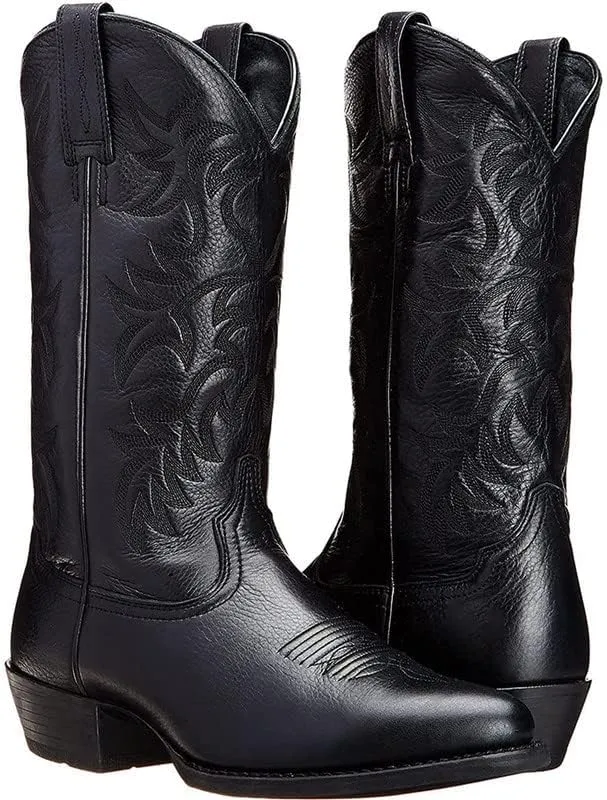 Cowboy Boots For Men Western Retro Embroidered Square Toe Chunky Block Heel Stitched Mid Calf Traditional Oxford Boots