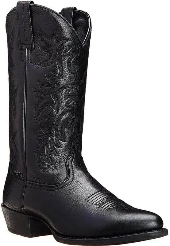 Cowboy Boots For Men Western Retro Embroidered Square Toe Chunky Block Heel Stitched Mid Calf Traditional Oxford Boots
