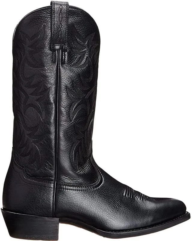 Cowboy Boots For Men Western Retro Embroidered Square Toe Chunky Block Heel Stitched Mid Calf Traditional Oxford Boots