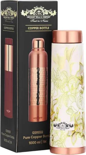 CROCKERY WALA & COMPANY 100% Pure Copper Water Bottle for Drinking, 32 Oz Large Hammered Ayurvedic, Leak-Proof Insulated Pure Copper Vessel