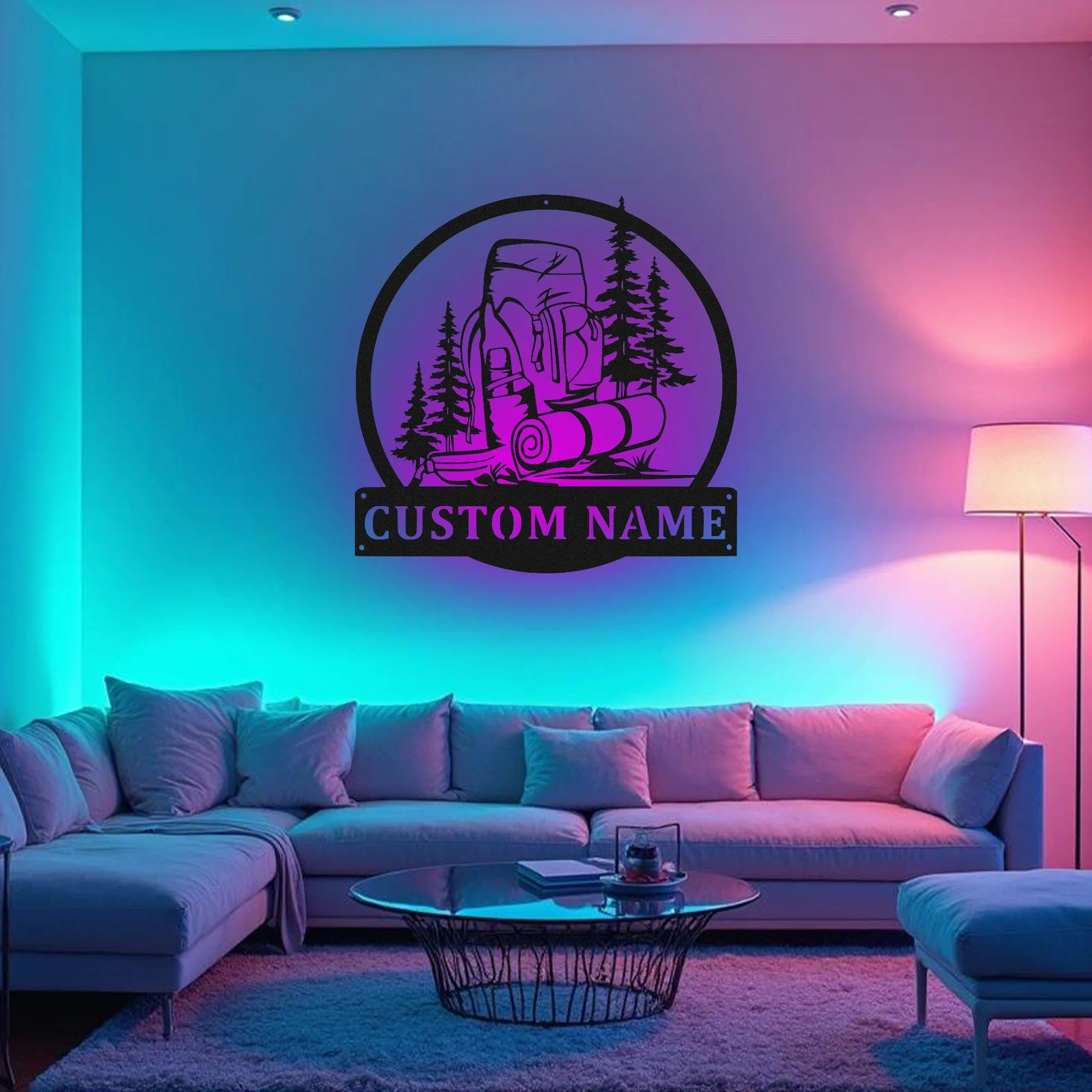 Custom Hiking Backpack Metal Wall Art With Led Light, Personalized Hiker Name Sign Decoration For Room, Hiking Metal Led Decor,Custom Hiking
