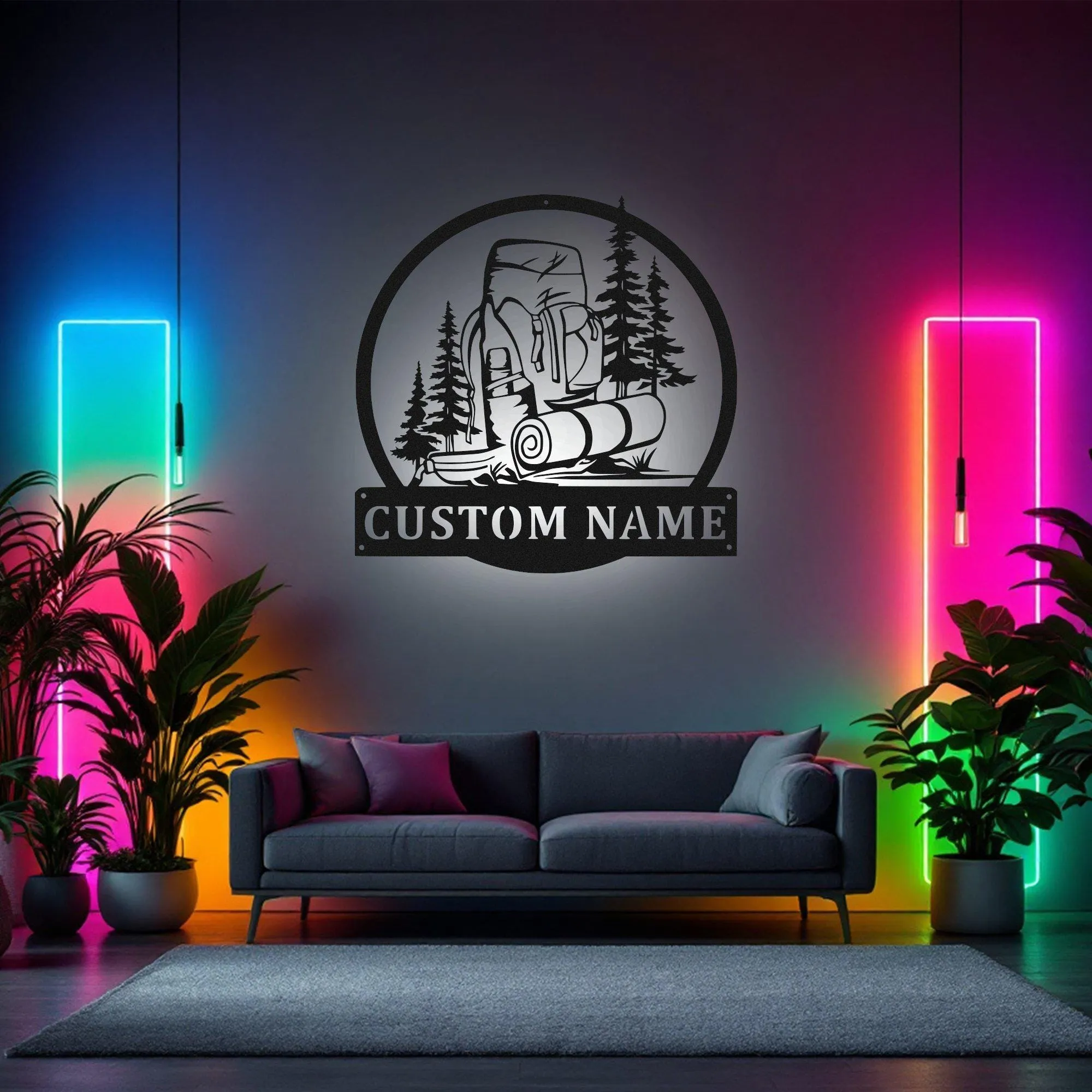 Custom Hiking Backpack Metal Wall Art With Led Light, Personalized Hiker Name Sign Decoration For Room, Hiking Metal Led Decor,Custom Hiking