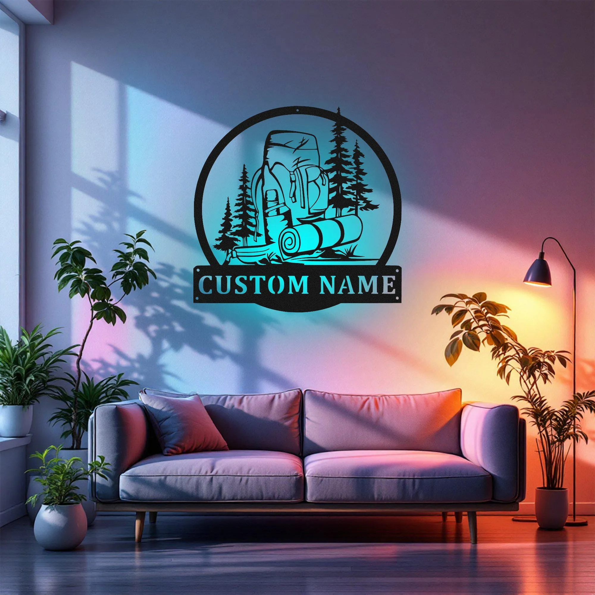 Custom Hiking Backpack Metal Wall Art With Led Light, Personalized Hiker Name Sign Decoration For Room, Hiking Metal Led Decor,Custom Hiking
