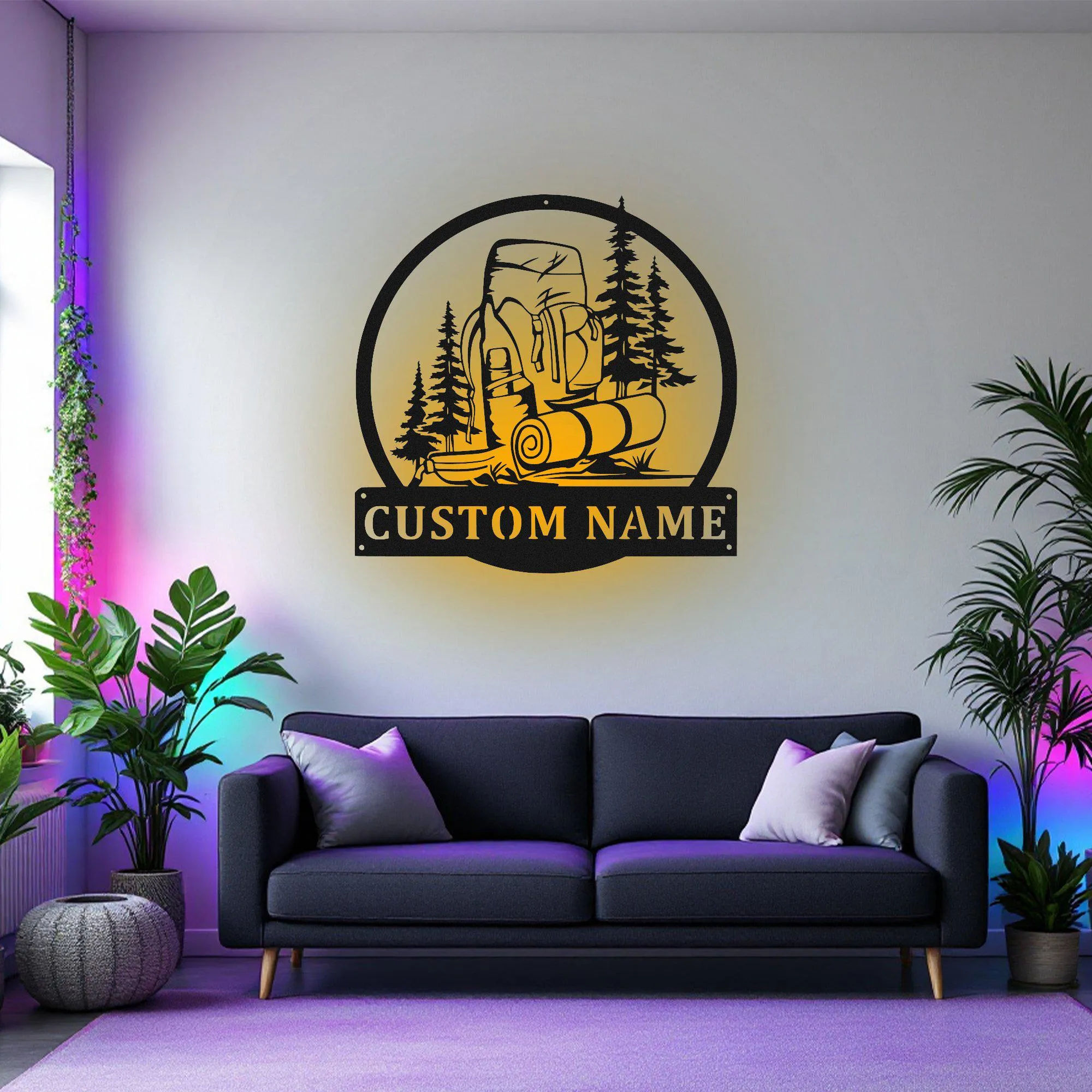 Custom Hiking Backpack Metal Wall Art With Led Light, Personalized Hiker Name Sign Decoration For Room, Hiking Metal Led Decor,Custom Hiking