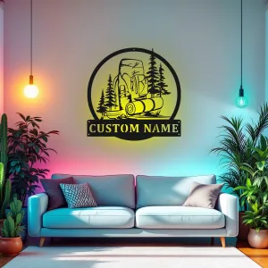 Custom Hiking Backpack Metal Wall Art With Led Light, Personalized Hiker Name Sign Decoration For Room, Hiking Metal Led Decor,Custom Hiking
