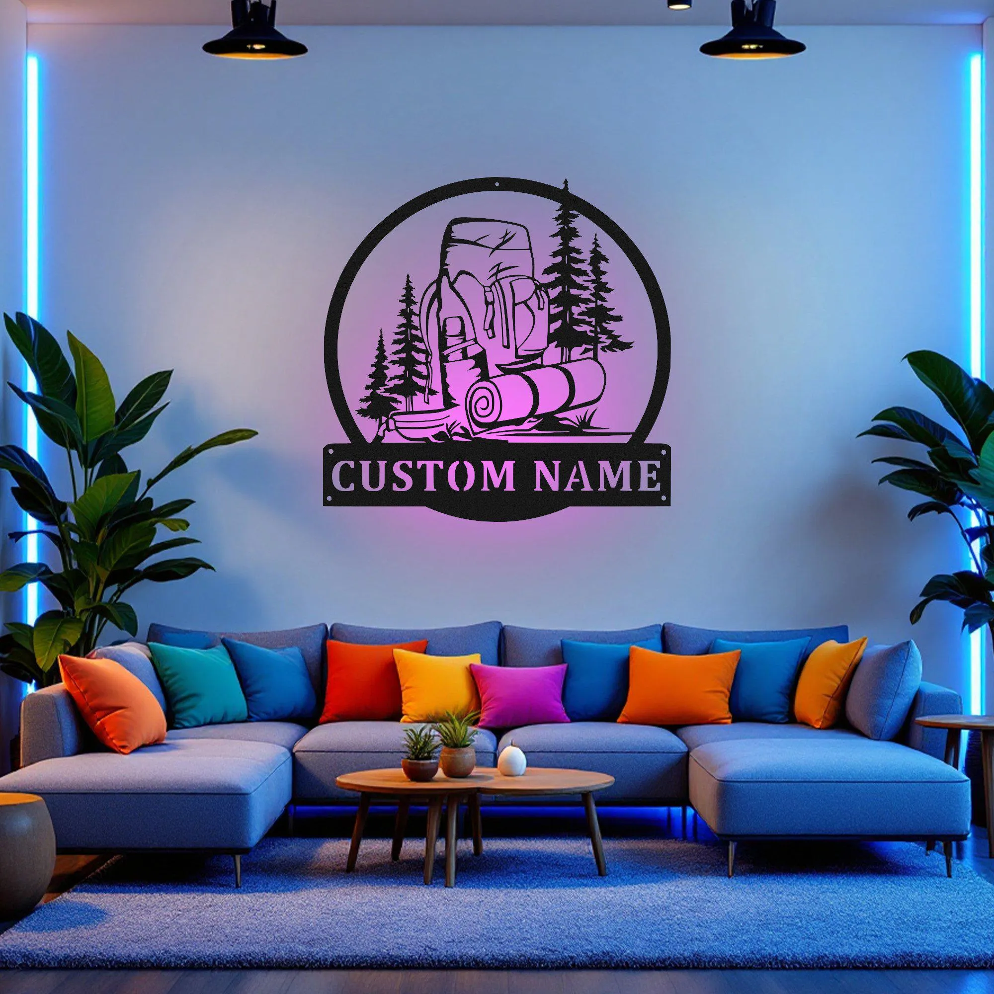 Custom Hiking Backpack Metal Wall Art With Led Light, Personalized Hiker Name Sign Decoration For Room, Hiking Metal Led Decor,Custom Hiking