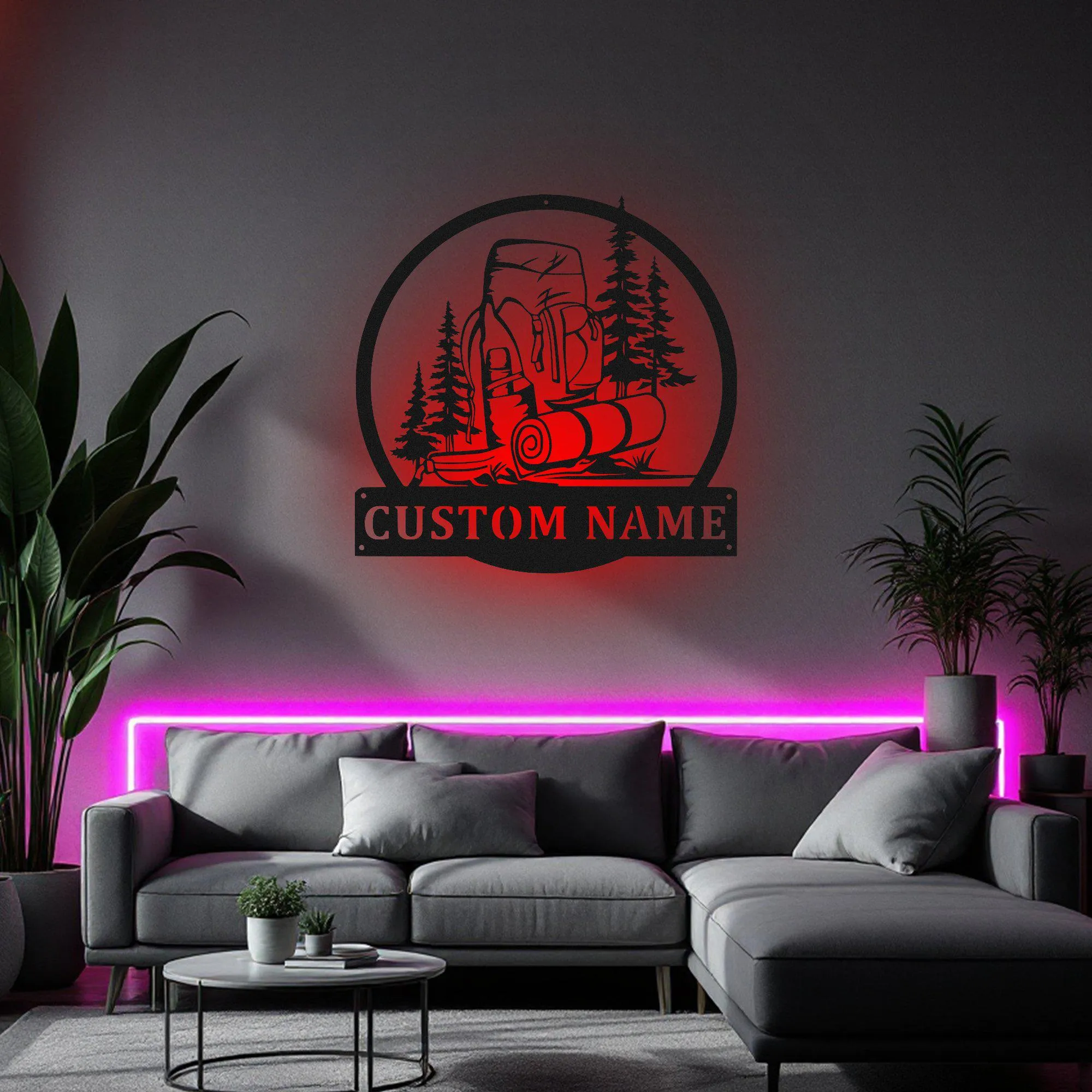 Custom Hiking Backpack Metal Wall Art With Led Light, Personalized Hiker Name Sign Decoration For Room, Hiking Metal Led Decor,Custom Hiking