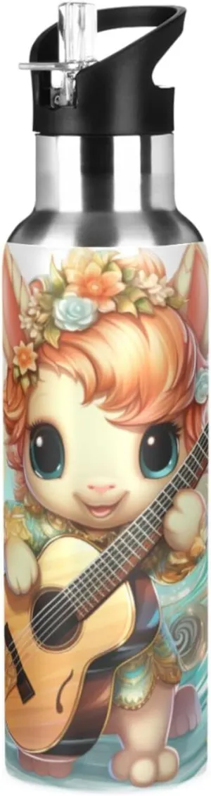 Cute Cartoon Unicorn Guitar Sport Water Bottle Insulated Stainless Steel Large Vacuum Flask Leak Proof Thermos with Straw for Travel(600ml/1000ml)