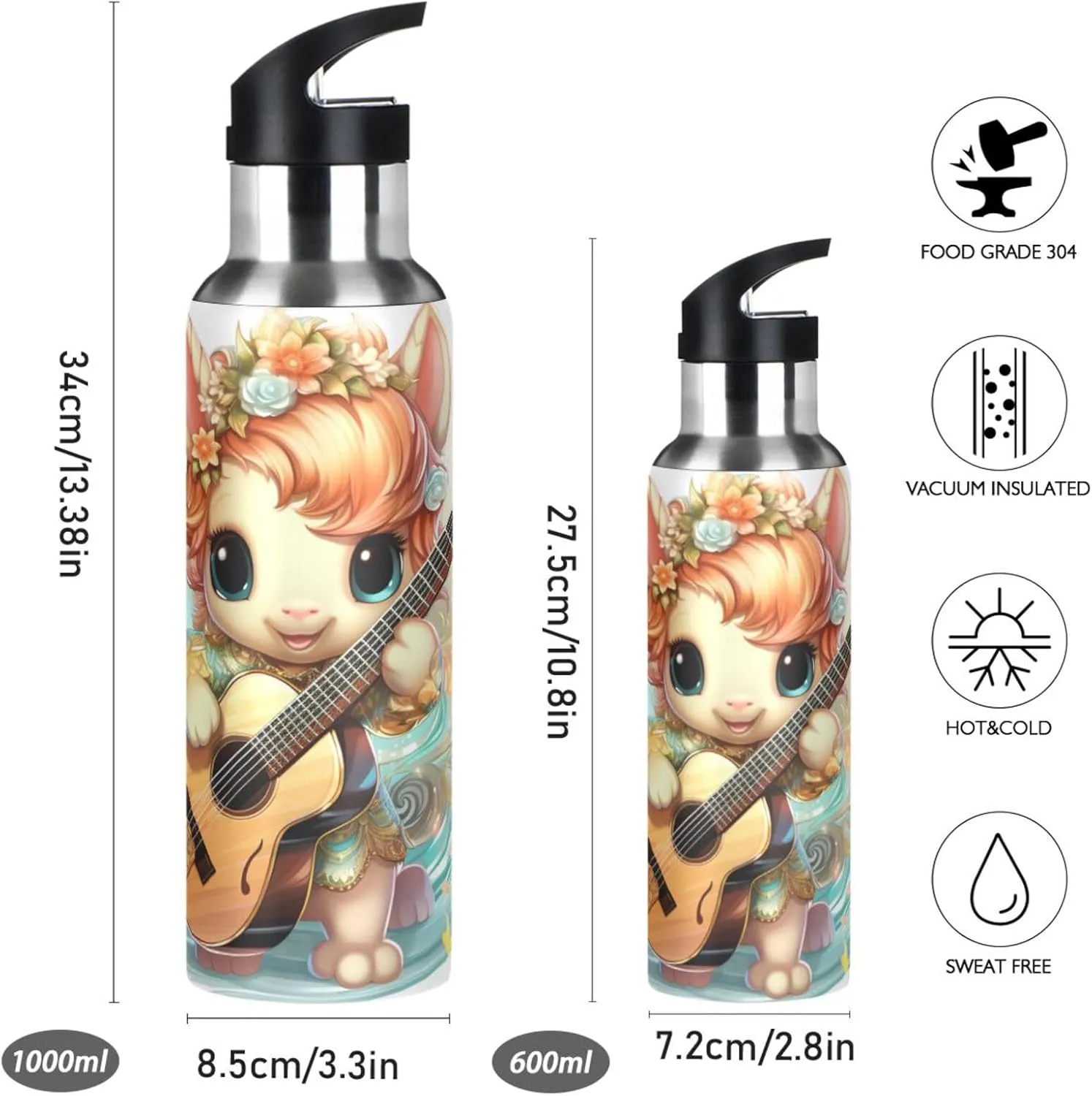 Cute Cartoon Unicorn Guitar Sport Water Bottle Insulated Stainless Steel Large Vacuum Flask Leak Proof Thermos with Straw for Travel(600ml/1000ml)