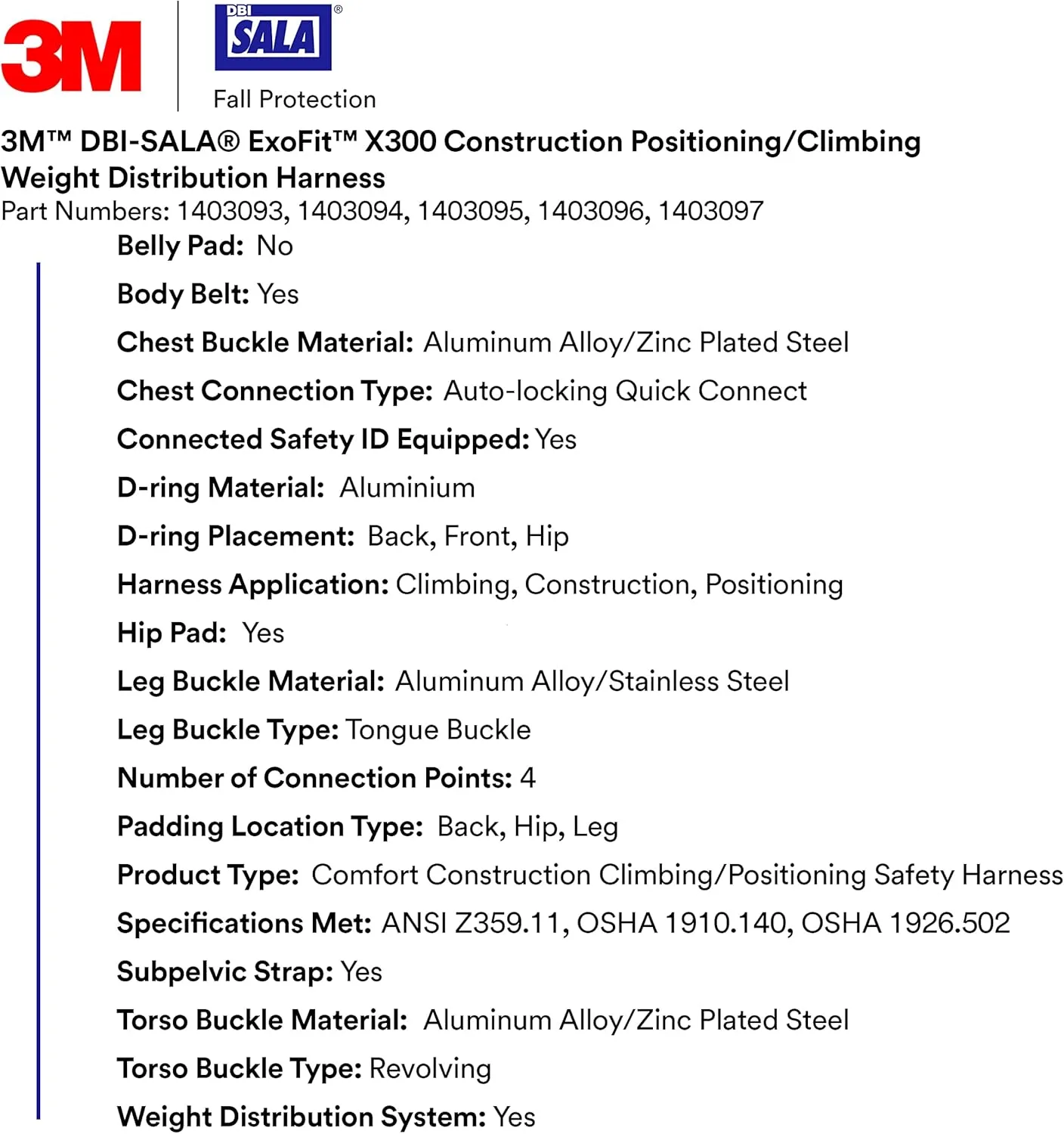 DBI-SALA 3M Comfort Construction Weight Distribution Climbing/Positioning Safety Harness