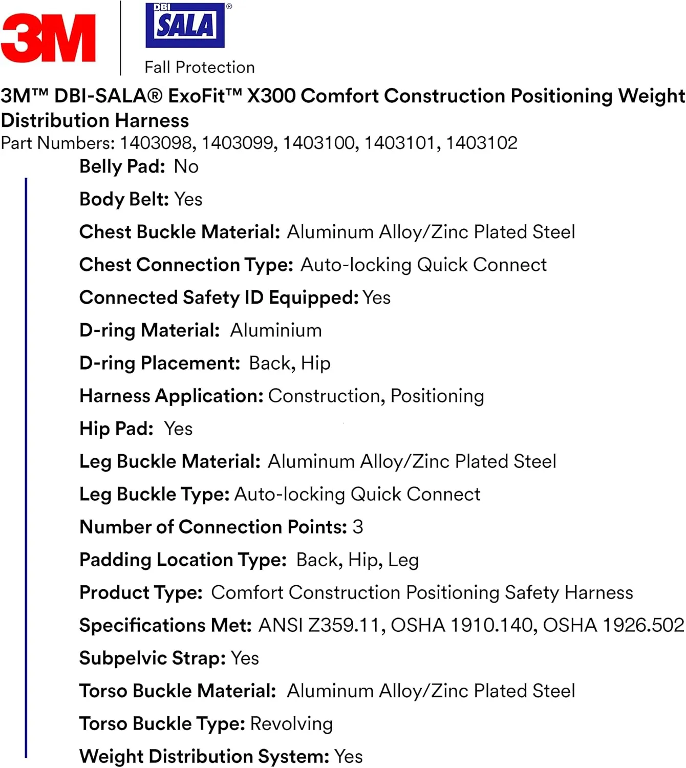 DBI-SALA 3M Comfort Construction Weight Distribution Positioning Safety Harness